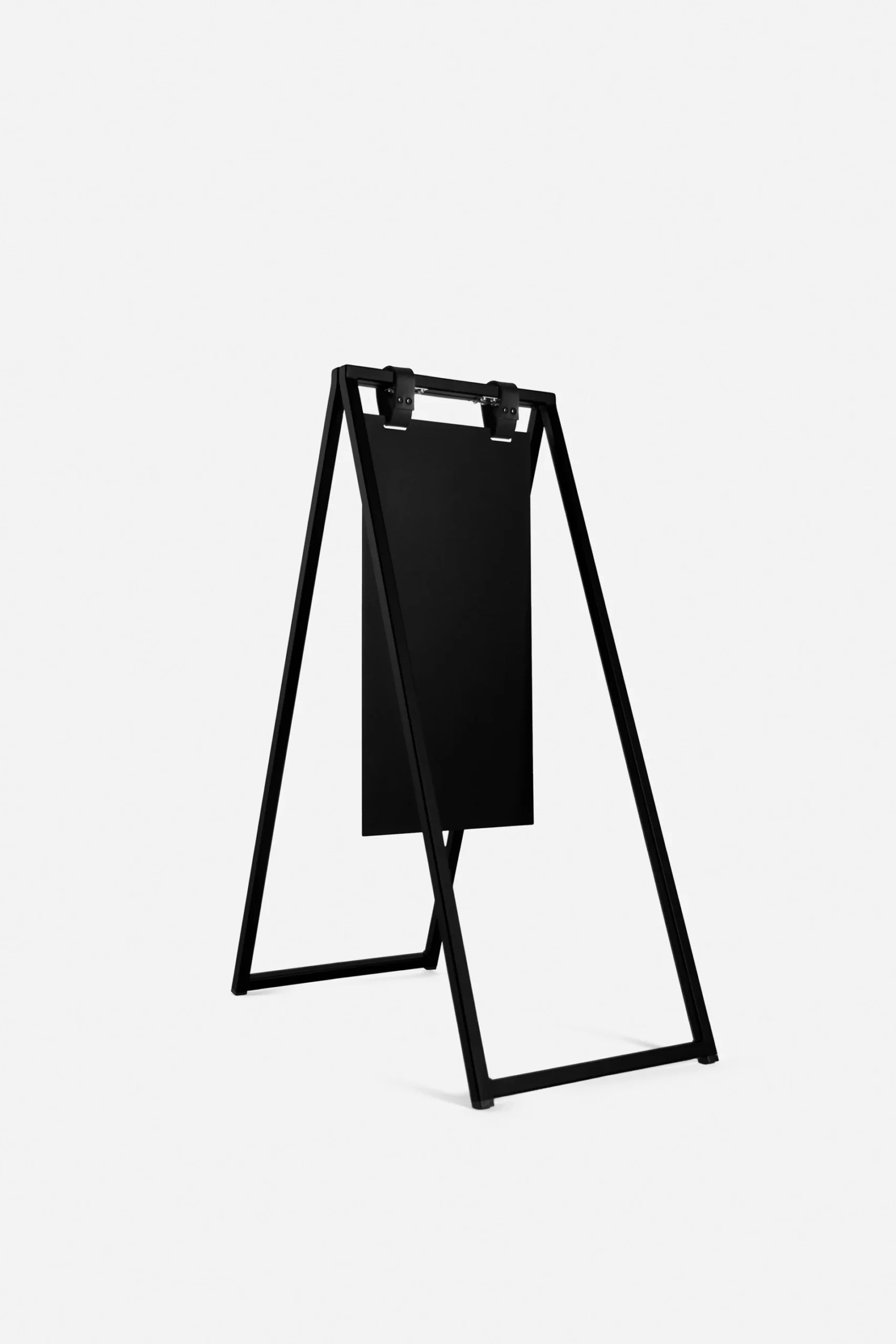Black steel A-frame sign stand with leather carrying straps for retail and hospitality.