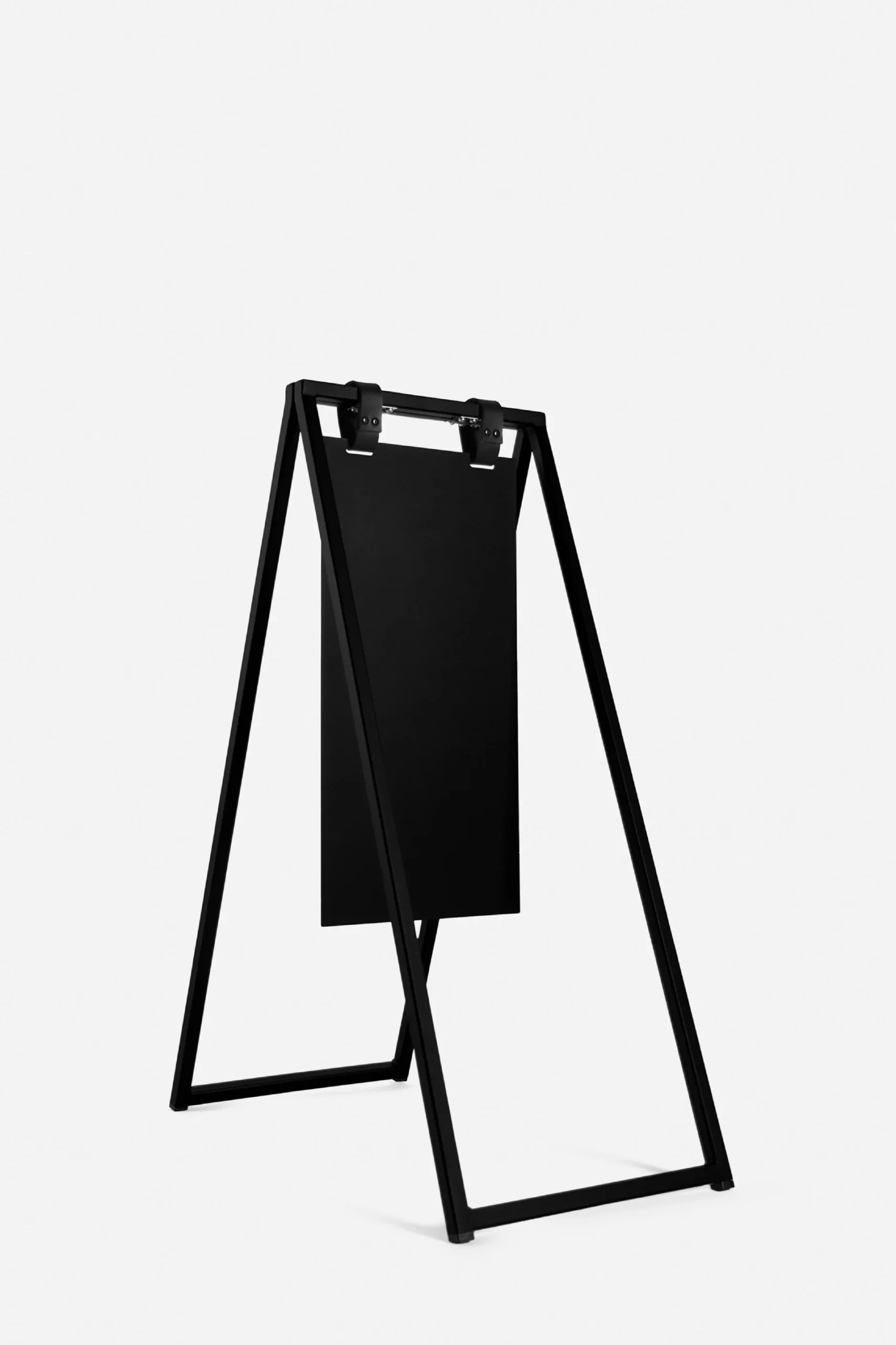 Black steel A-frame sign stand with leather carrying straps for retail and hospitality.